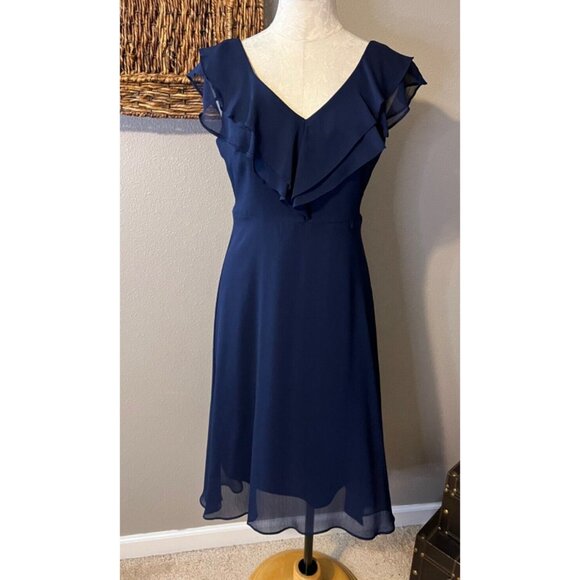 DKNY Dress Navy Blue 6 Short Sleeve W Belt Flowy Career Church Wedding Date - Picture 6 of 10